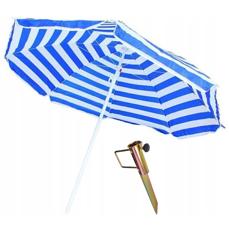 Blauw/wit gestreepte strand/camping parasol 165 cm met grondpen/haring