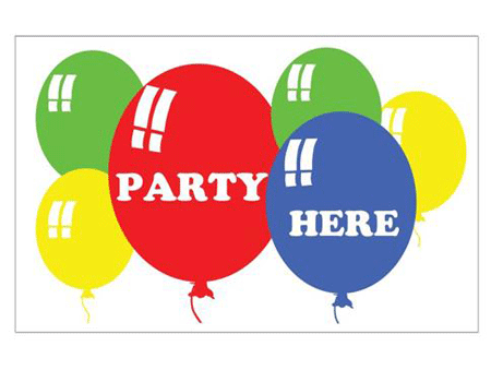 Party Here flag with balloons
