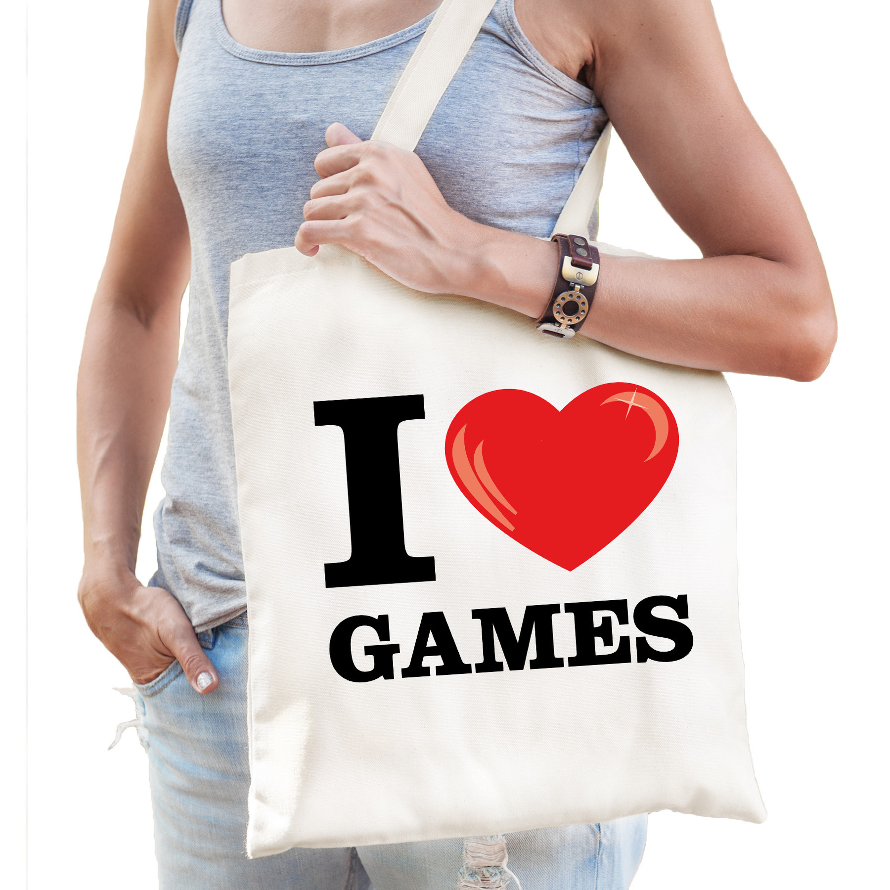 Afbeelding van Katoenen tasje I love games wit voor dames en heren