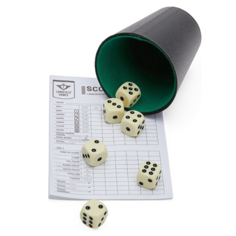 Afbeelding van Longfield games Dobbelset - beker inclusief 6 dobbelstenen en yahtzee scoreblok
