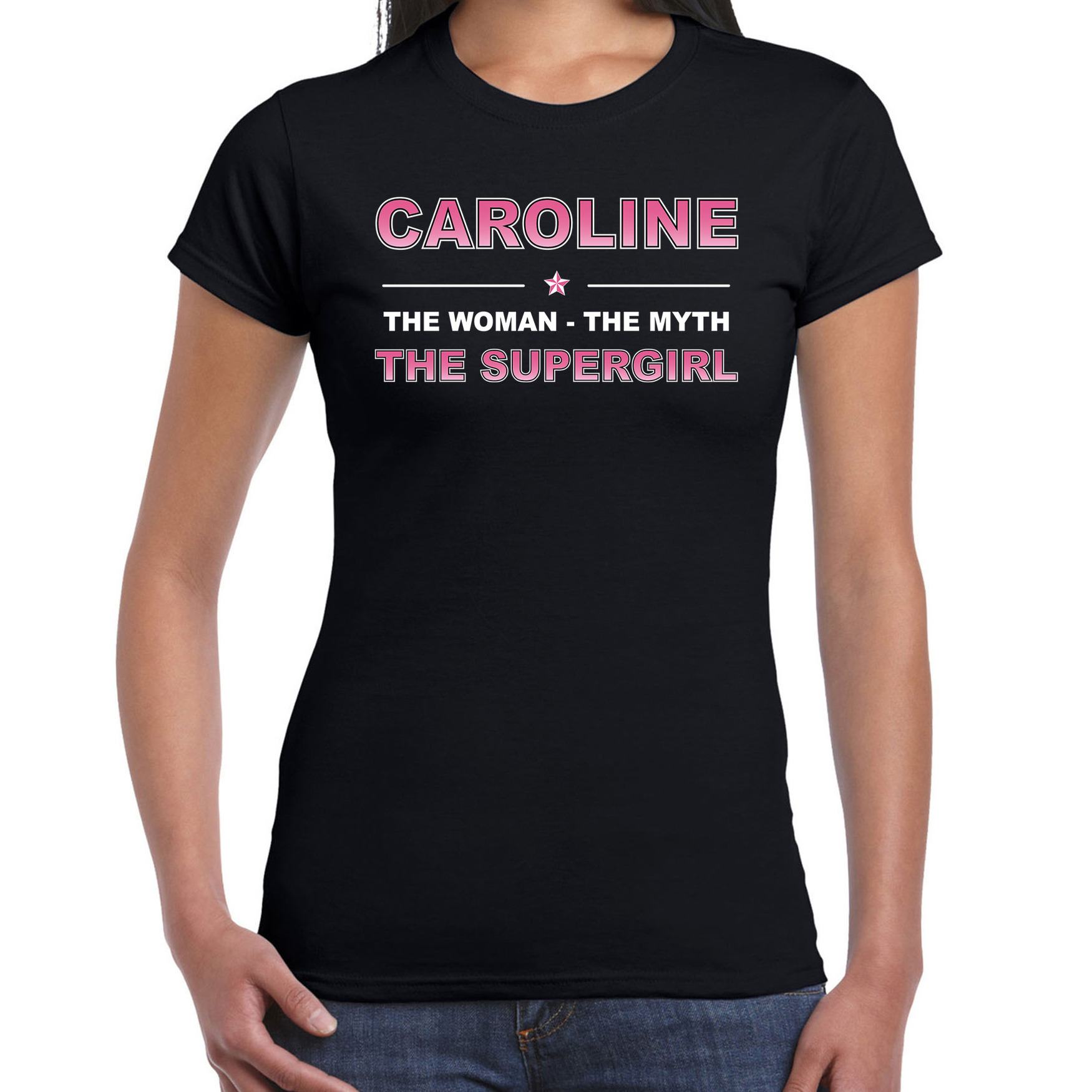 Afbeelding van Naam cadeau t-shirt / shirt Caroline - the supergirl zwart voor dames