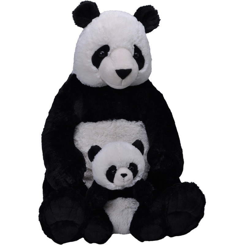 Afbeelding van Pluche zwart/witte panda beer met baby knuffel 76 cm speelgoed