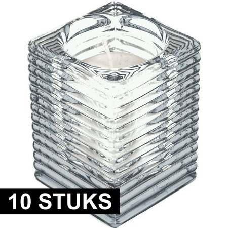 10x Transparante kaarsenhouders met kaars 7 x 10 cm 24 branduren