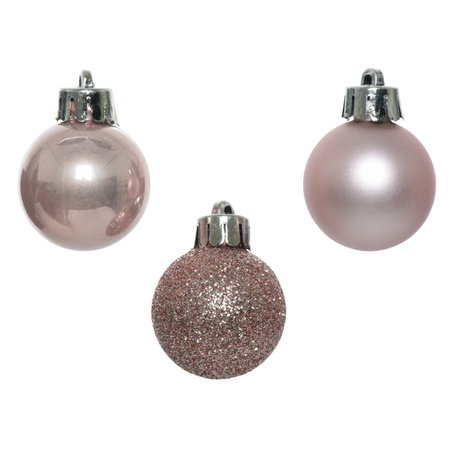 42x stuks kunststof kerstballen lichtroze, parelmoer wit en zilver mix 3 cm