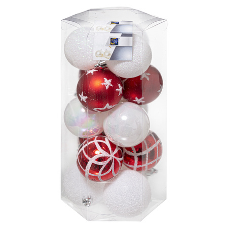 15x stuks kerstballen mix wit/rood gedecoreerd kunststof 5 cm
