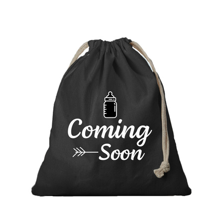 1x Canvas gift bag Coming soon black with drawstring black 25 x 30 cm