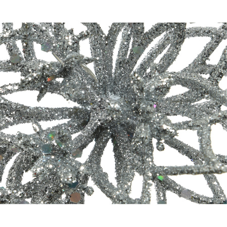 1x stuks decoratie bloemen kerstster zilver glitter op clip 14 cm