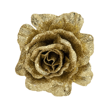 1x stuks decoratie bloemen roos goud glitter op clip 10 cm