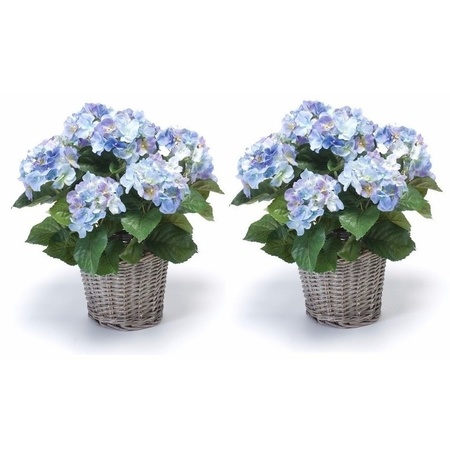 2x Blauwe Hortensia kunstplant in mand 45 cm