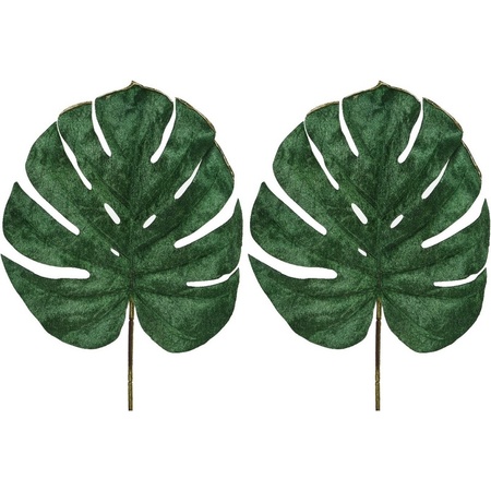 2x Groene fluwelen Monstera/gatenplant kunsttakken/planten 80 cm
