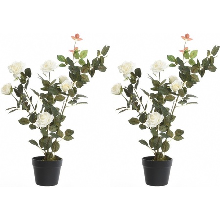 2x Groene/witte Rosa/rozenstruik kunstplanten 80 cm in pot