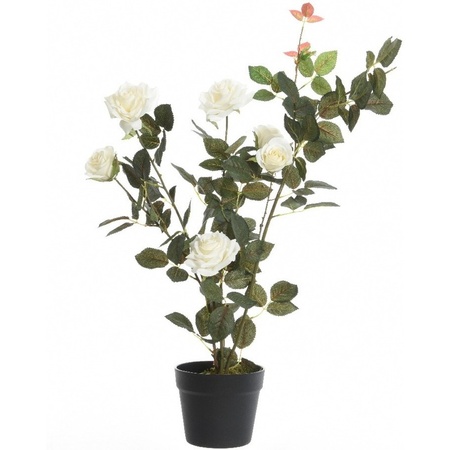 2x Groene/witte Rosa/rozenstruik kunstplanten 80 cm in pot