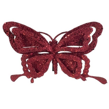 2x Kerst decoratie vlinders bordeaux rood 14 x 10 cm