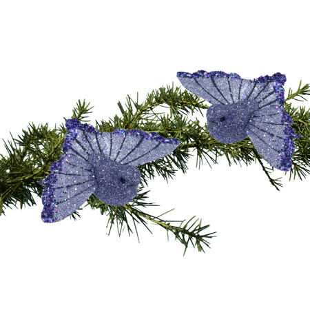 2x stuks kunststof decoratie kolibrie vogels op clip blauw 9,5 cm