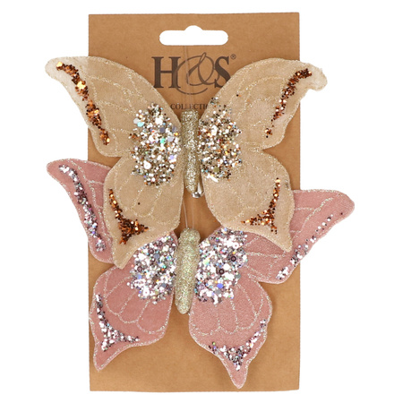 2x decoration pink and beige butterflies on clips 10 x 15 cm