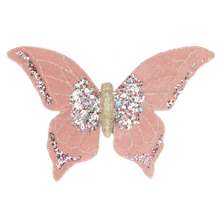 2x decoration pink and beige butterflies on clips 10 x 15 cm