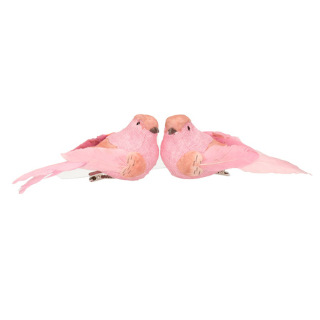 2x stuks kunststof decoratie vogels op clip roze 12 cm