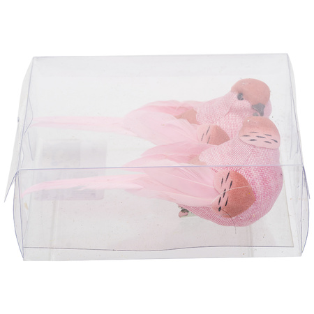 2x stuks kunststof decoratie vogels op clip roze 12 cm