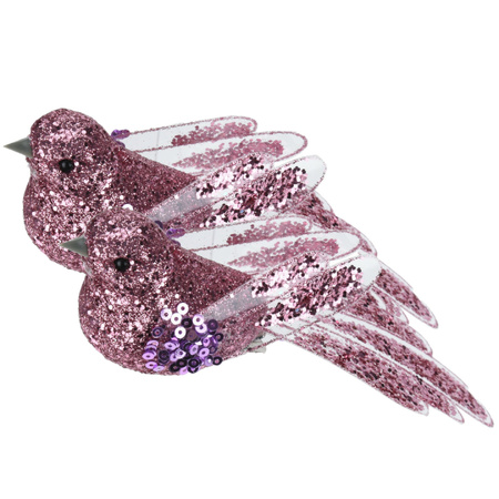 2x stuks kunststof decoratie vogels op clip roze met pailletten 15 cm