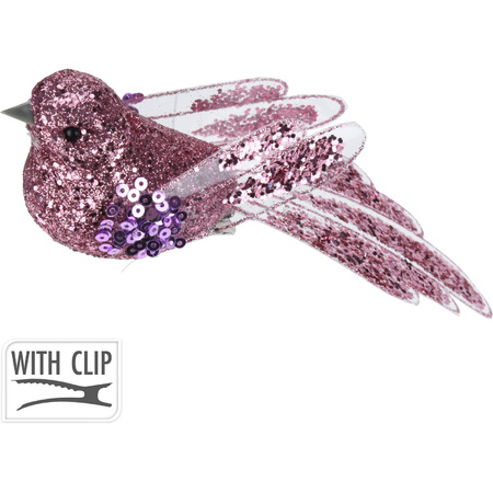2x stuks kunststof decoratie vogels op clip roze met pailletten 15 cm