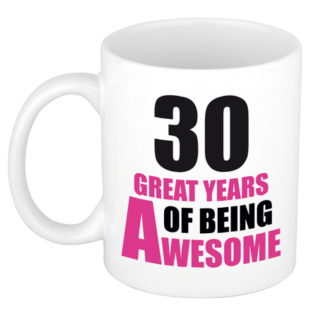 30 great years of being awesome - gift mug white and pink 300 ml