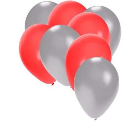 30x ballonnen - 27 cm zilver / rode versiering 