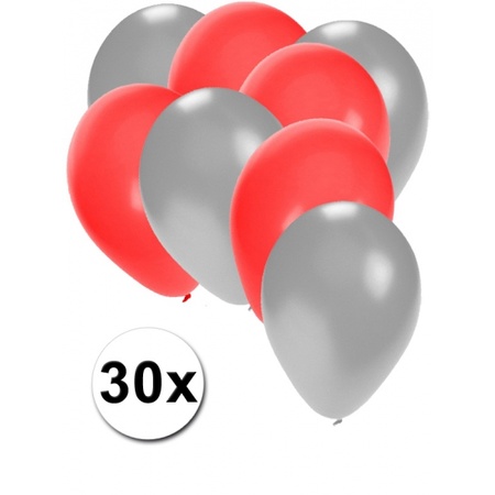 30x ballonnen - 27 cm zilver / rode versiering 
