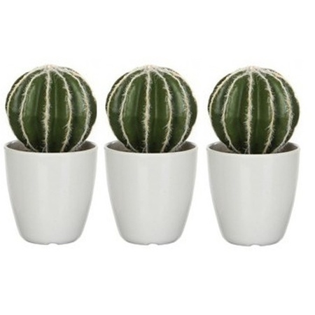 3x Groene Echinocactus/bolcactus kunstplanten 28 cm in witte pot