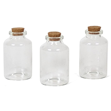 3x Kleine transparante glazen flesjes met kurken dop 30 ml