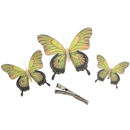3x stuks decoratie vlinders op clip - geel - 3 formaten - 12/16/20 cm
