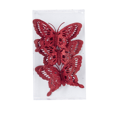 3x pcs decoration butterflies on clips glitter red 14 cm