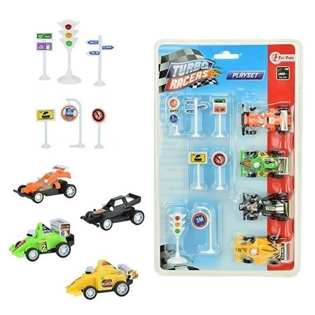 4x Race auto met verkeersborden/stoplichten speelgoed set