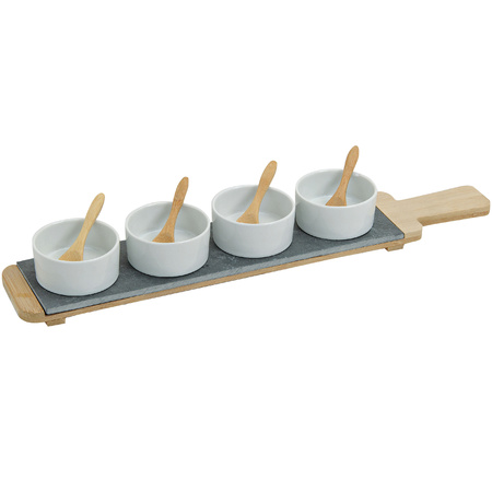 4x Snackschaaltjes/sausschaaltjes wit porselein rond 7 cm op serveerplank