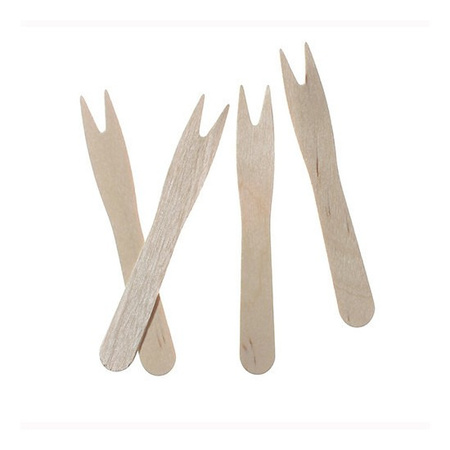 50x Durable wooden disposable snack forks 8,5 cm 