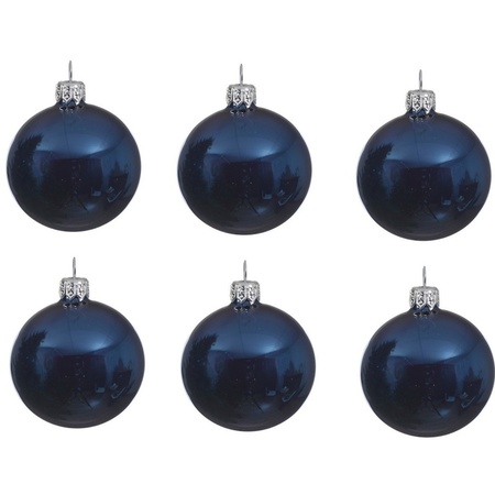 6x Dark blue glass Christmas baubles 8 cm shiny