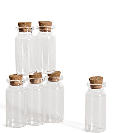 6x Kleine transparante glazen hobby flesjes met kurken dop 10 ml