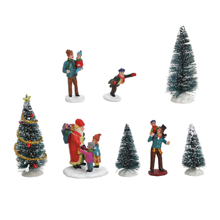 8x stuks kerstdorp accessoires figuurtjes/poppetjes en kerstboompje 