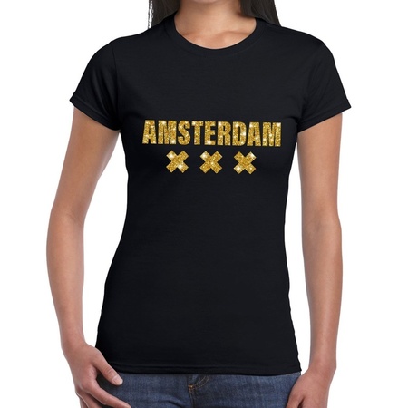 Amsterdam gouden glitter tekst t-shirt zwart dames