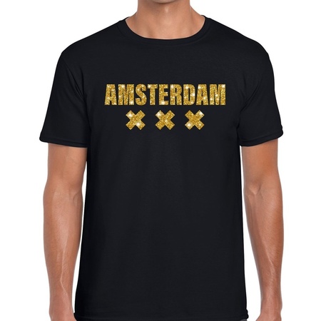 Amsterdam gouden glitter tekst t-shirt zwart heren