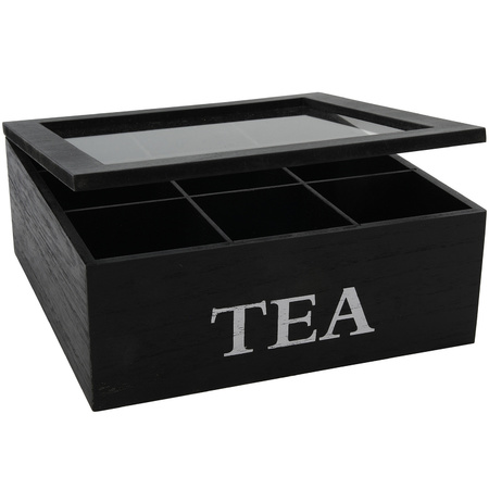 Bamboo wooden tea box black with glas lid 9-compartment 23 cm