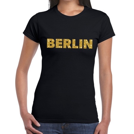 Berlin gouden glitter tekst t-shirt zwart dames