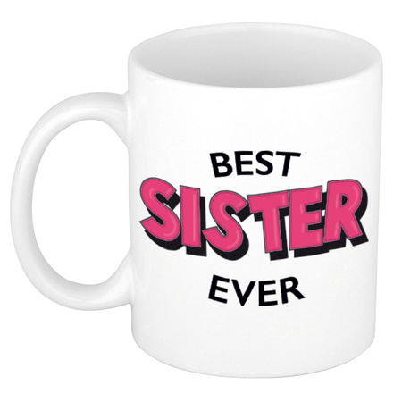 Best sister ever cadeau mok / beker wit met roze cartoon letters 300 ml