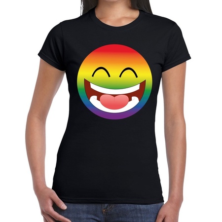 Big emoticon/emoticon regenboog gay pride t-shirt zwart dames