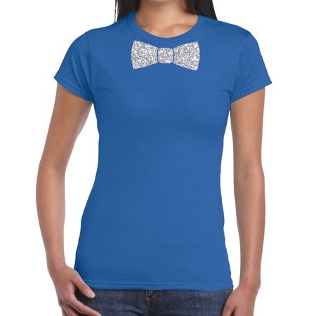 Blauw fun t-shirt met vlinderdas in glitter zilver dames