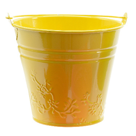 Zinc bucket/flowerpot/plant pot with embossed flower dessin - D11 cm - yellow
