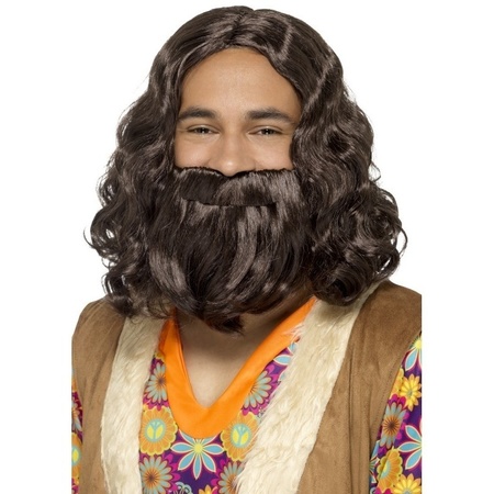Brown hippie wig and beard for men