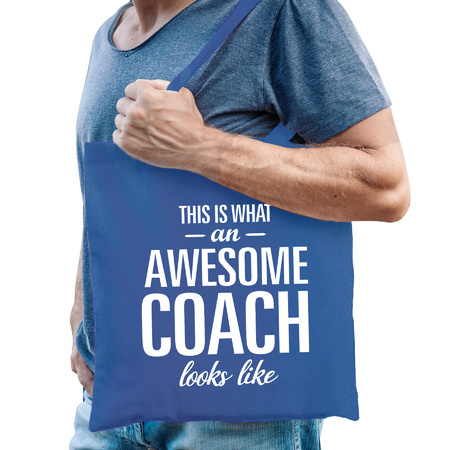 Cadeau tas voor coach/trainer - blauw - katoen - 42 x 38 cm - geweldige coach