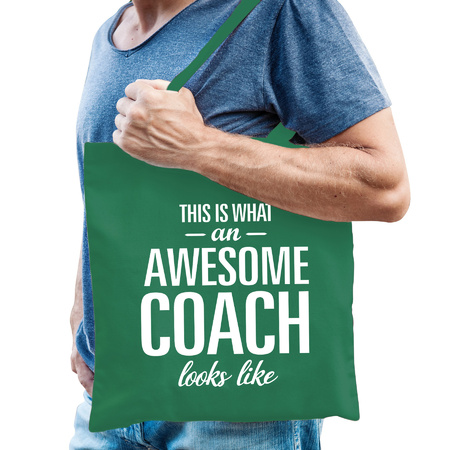 Cadeau tas voor coach/trainer - groen - katoen - 42 x 38 cm - geweldige coach