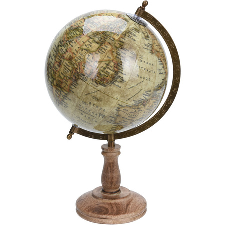 Decoratie wereldbol/globe beige op mangohouten voet 23 x 38 cm