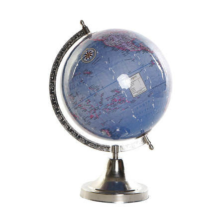 Decoratie wereldbol/globe blauw op aluminium voet 20 x 32 cm